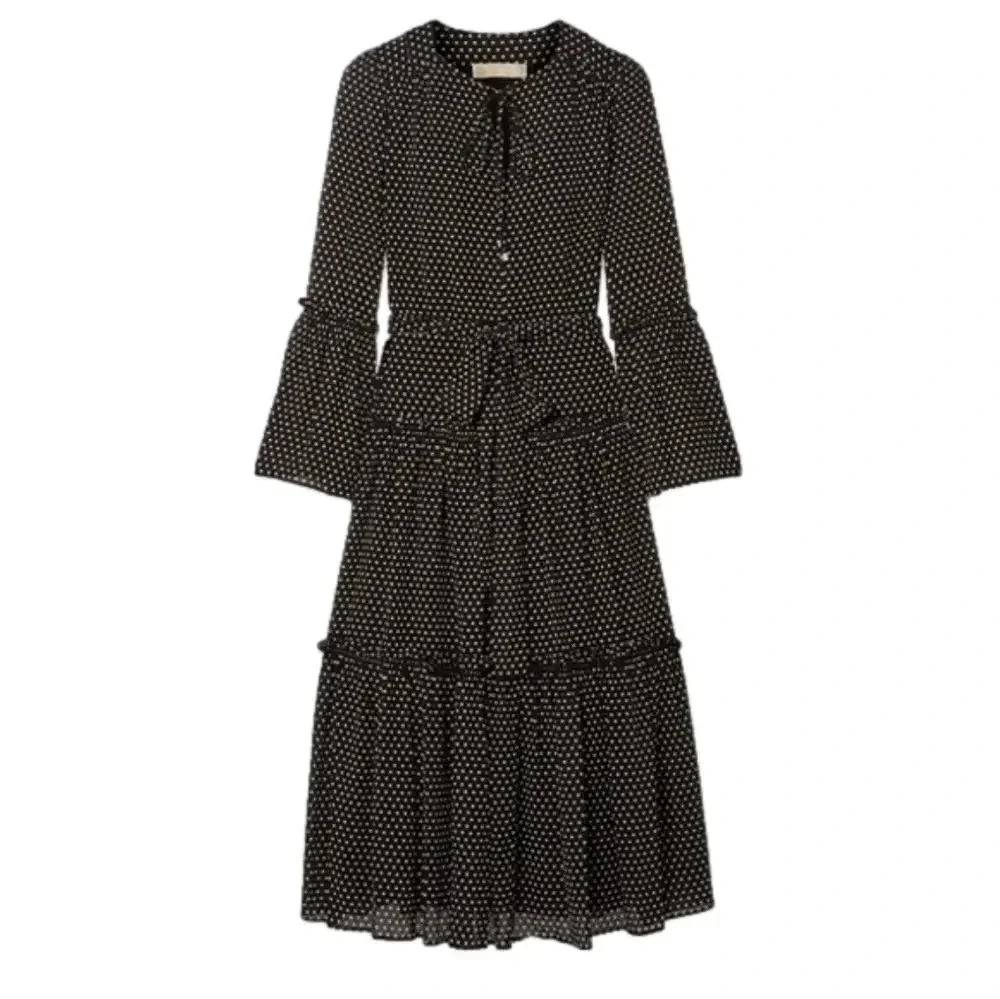 MICHAEL KORS Tiered Polka Dot Chiffon MIDI Dress Black - Picture 2 of 9